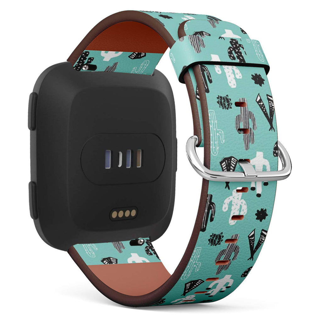 Compatible with Fitbit Versa/Versa 2 / Versa LITE - Leather Watch Wrist Band Strap Bracelet with Quick-Release Pins (Mint Cacti Indian)