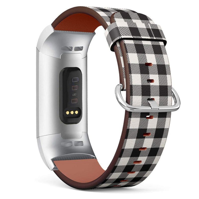 Compatible with Fitbit Charge 4 / Charge 3 / Charge 3 SE - Leather Watch Wrist Band Strap Bracelet with Stainless Steel Adapters (White Black Lumberjack Plaid)