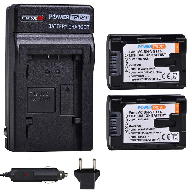 PowerTrust 2-Pack BN-VG114 Battery + Fast Charger Kits for JVC BN-VG107 BN-VG107U BN-VG108U BN-VG108E BN-VG114U BN-VG121U BN-VG138U BN-VG138 Camcorder Batteries