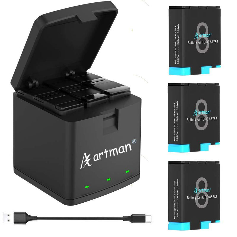 Artman Replacement Hero 8 Batteries 1500mAh（3xPack)and 3-Channel LED USB Storage Charger Compatible with Gopro Hero 8 Black,Hero 7 Black,Hero 6/5 Black(Fully Compatible with Original)