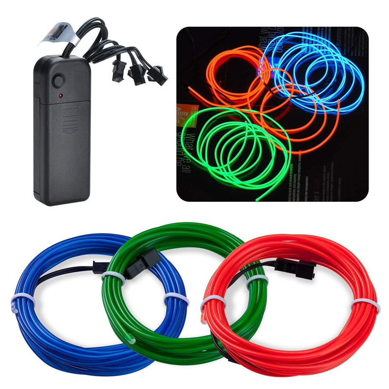 [AUSTRALIA] - Neon Light EL Wire Kit Portable Glowing Strobe Lights DIY Kit with AA Battery Inverter for Halloween Christmas Party Decoration (Blue, Red, Green 3 by 2-Meter/6ft) 
