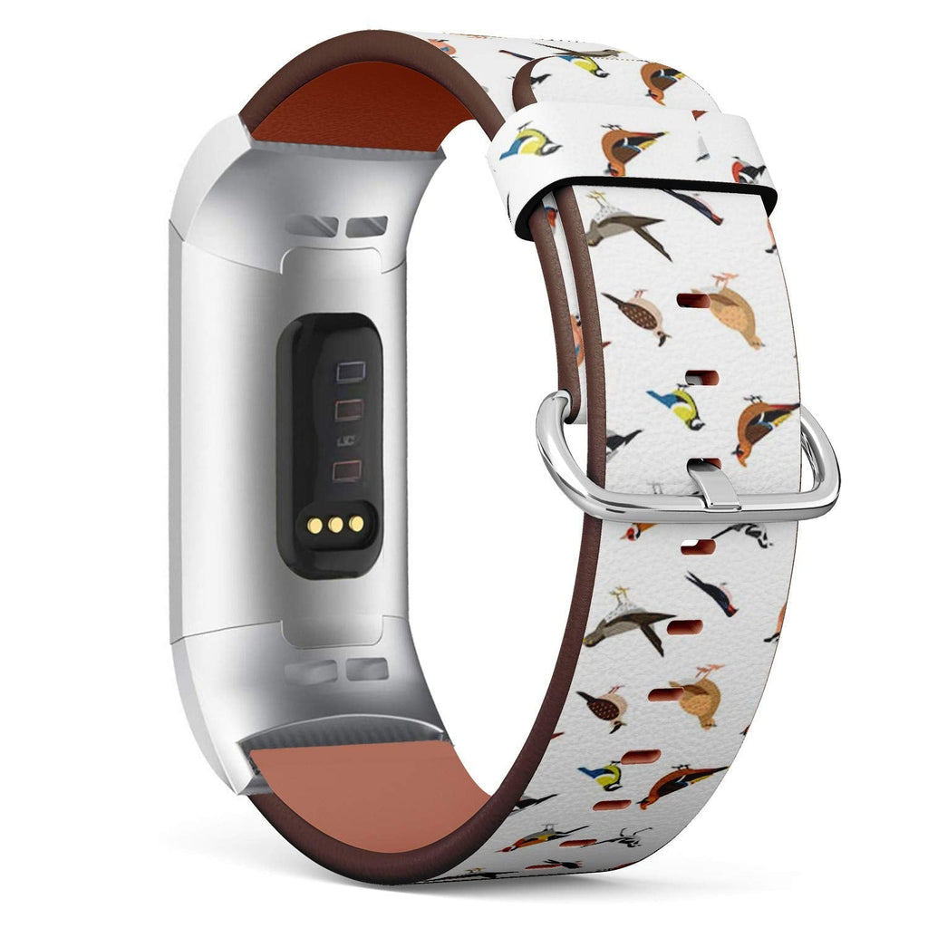 Compatible with Fitbit Charge 3 & 3 SE - Leather Wristband Bracelet Replacement Accessory Band (Includes Adapters) - Wild Forest Birds