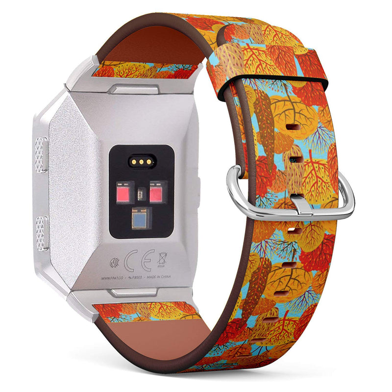 Compatible with Fitbit Ionic - Leather Watch Wrist Band Strap Bracelet with Stainless Steel Clasp and Adapters (Autumn Stylized Trees)