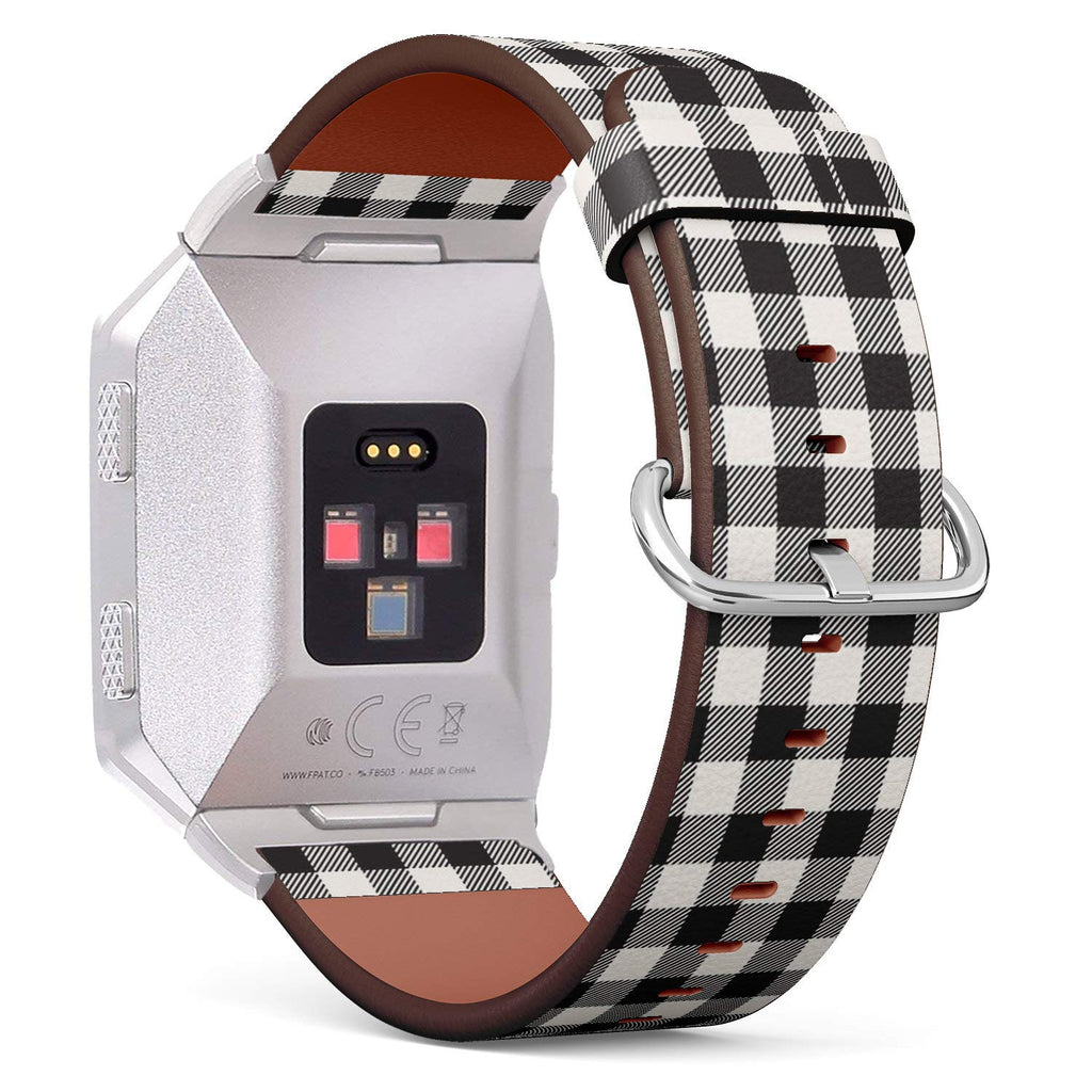 Compatible with Fitbit Ionic - Leather Watch Wrist Band Strap Bracelet with Stainless Steel Clasp and Adapters (White Black Lumberjack Plaid)