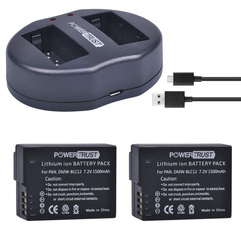 PowerTrust (2-Pack) DMW-BLC12 DMW-BLC12E DMW-BLC12PP Battery + USB Dual Charger for Panasonic Lumix DMC-FZ200, DMC-FZ1000, DMC-G5, DMC-G6, DMC-G7, DMC-GX8, DMC-G85, DMC-GH2 Digital Camera