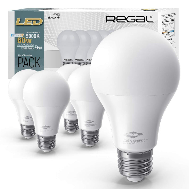 Regal LED A19 Light Bulb 5000K Daylight 800-Lumen, 9-Watt (60-Watt Equivalent), E26 Base, 5000 Kelvin, Day Light, 5-Pack, Non-Dimmable Daylight (5000K) Pack of 5 Bulbs