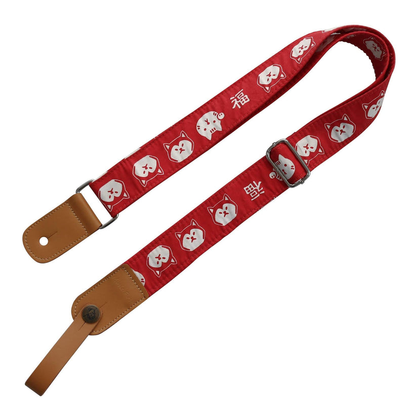 MUSIC FIRST Original Design Cute Cartoon “Red Serious Shiba Inu Dog” Soft Cotton & Genuine Leather Ukulele Strap Ukulele Shoulder Strap With a MUSIC FIRST Genuine Leather Strap Locker