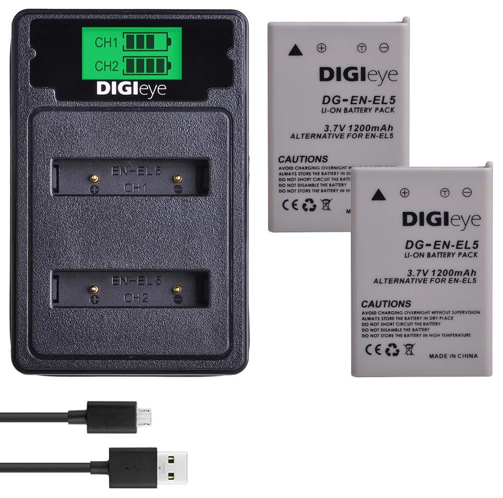 DIGIeye EN-EL5 Replacement Battery (2-Pack) and Dual LCD USB Charger kit for Nikon EN-EL5 Coolpix P530, P520, P510, P100, P500, P5100, P5000, P6000, P90, P80 Cameras
