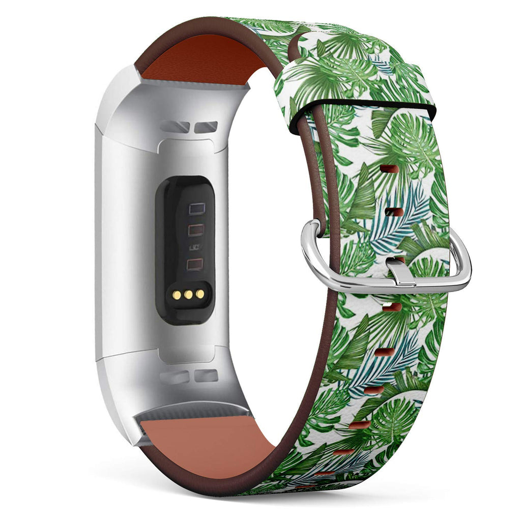 Compatible with Fitbit Charge 3 & 3 SE - Leather Wristband Bracelet Replacement Accessory Band (Includes Adapters) - Tropical Leaves Palm Monstera