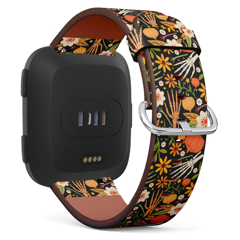 Compatible with Fitbit Versa/Versa 2 / Versa LITE - Leather Watch Wrist Band Strap Bracelet with Quick-Release Pins (Halloween Bones Floral)