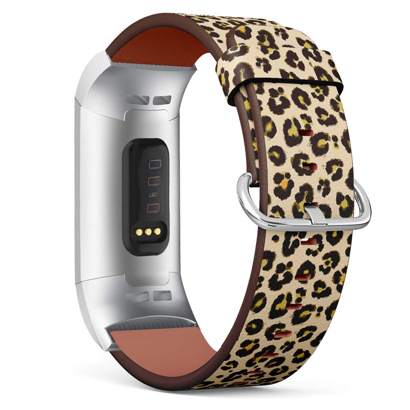 Compatible with Fitbit Charge 4 / Charge 3 / Charge 3 SE - Leather Watch Wrist Band Strap Bracelet with Stainless Steel Adapters (Leopard Skin)