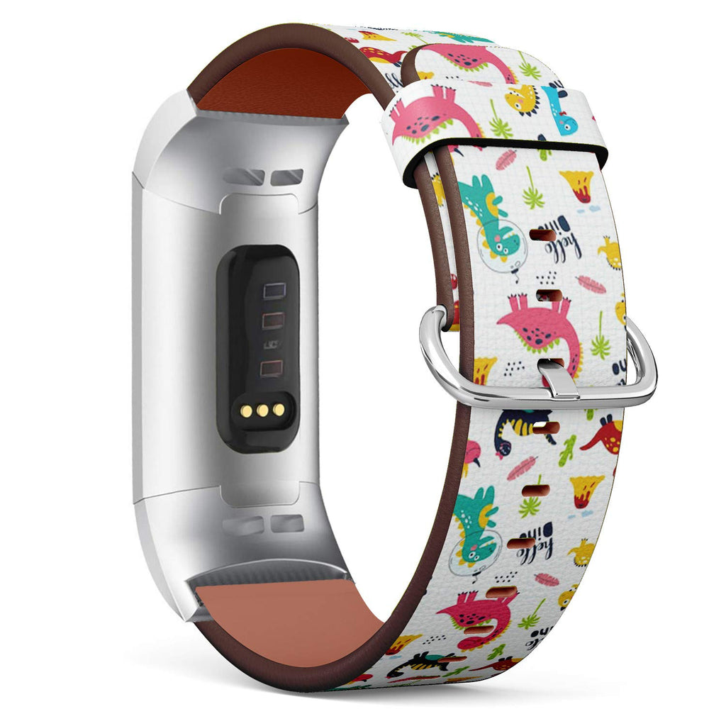 Compatible with Fitbit Charge 3 & 3 SE - Leather Wristband Bracelet Replacement Accessory Band (Includes Adapters) - Cute Dinosaurs Children