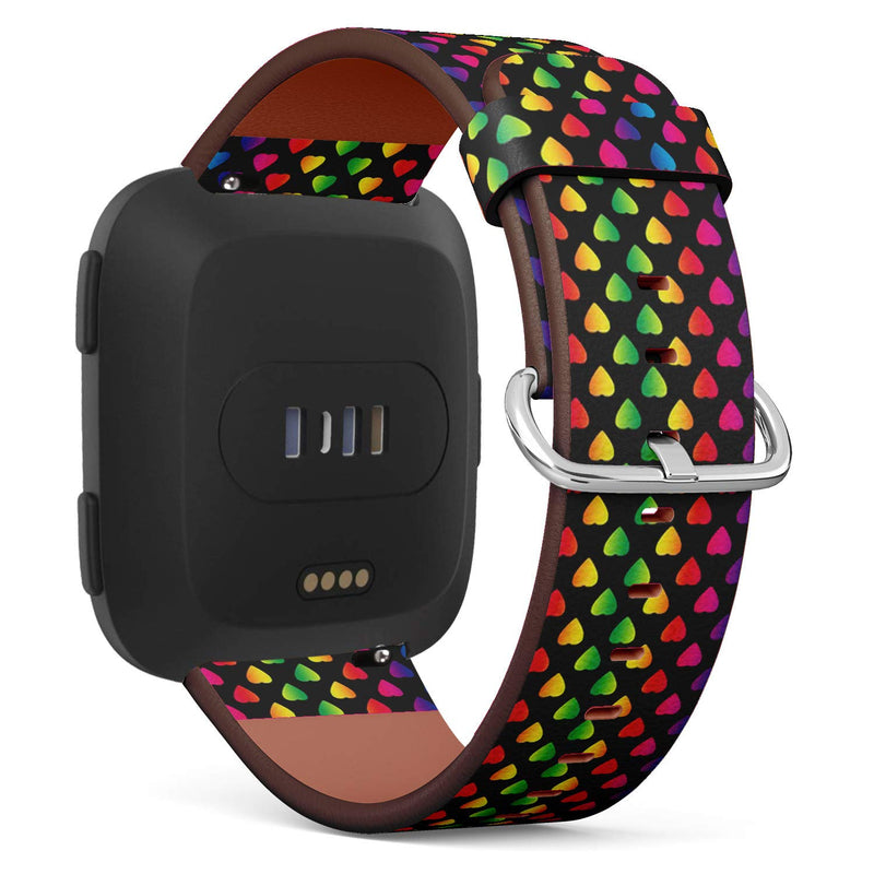 Compatible with Fitbit Versa/Versa 2 / Versa LITE - Leather Watch Wrist Band Strap Bracelet with Quick-Release Pins (Bright Rainbow Colored Hearts On)