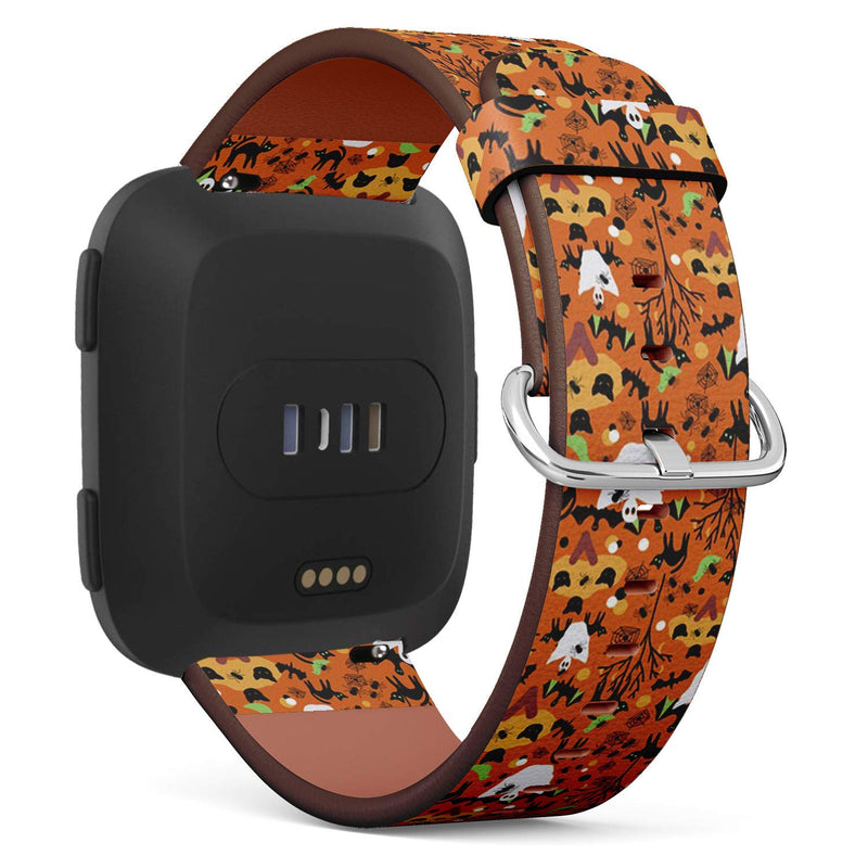 Compatible with Fitbit Versa/Versa 2 / Versa LITE - Leather Watch Wrist Band Strap Bracelet with Quick-Release Pins (Halloween Orange Black)