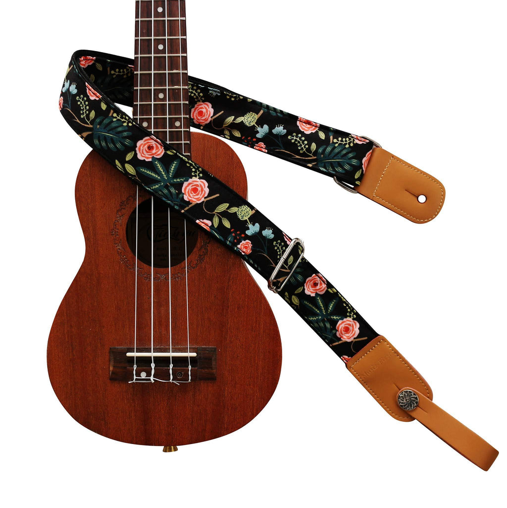 MUSIC FIRST Original Design “Dark Night Garden” Soft Cotton & Genuine Leather Ukulele Strap Ukulele Shoulder Strap With a MUSIC FIRST Genuine Leather Strap Locker