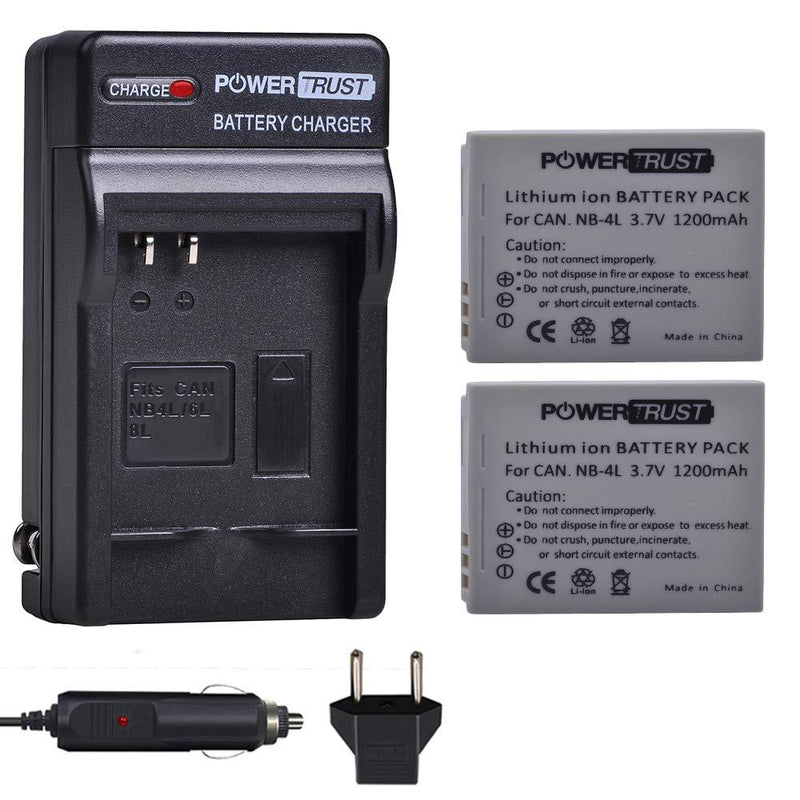 PowerTrust 2Pcs NB-4L NB4L Battery + Fast Charger for Canon PowerShot ELPH 100 HS, 300 HS, 310 HS, SD1000, SD1100 is, SD1400 is, SD200, SD30, SD300, SD40, SD400, SD430, SD450, SD600, SD630