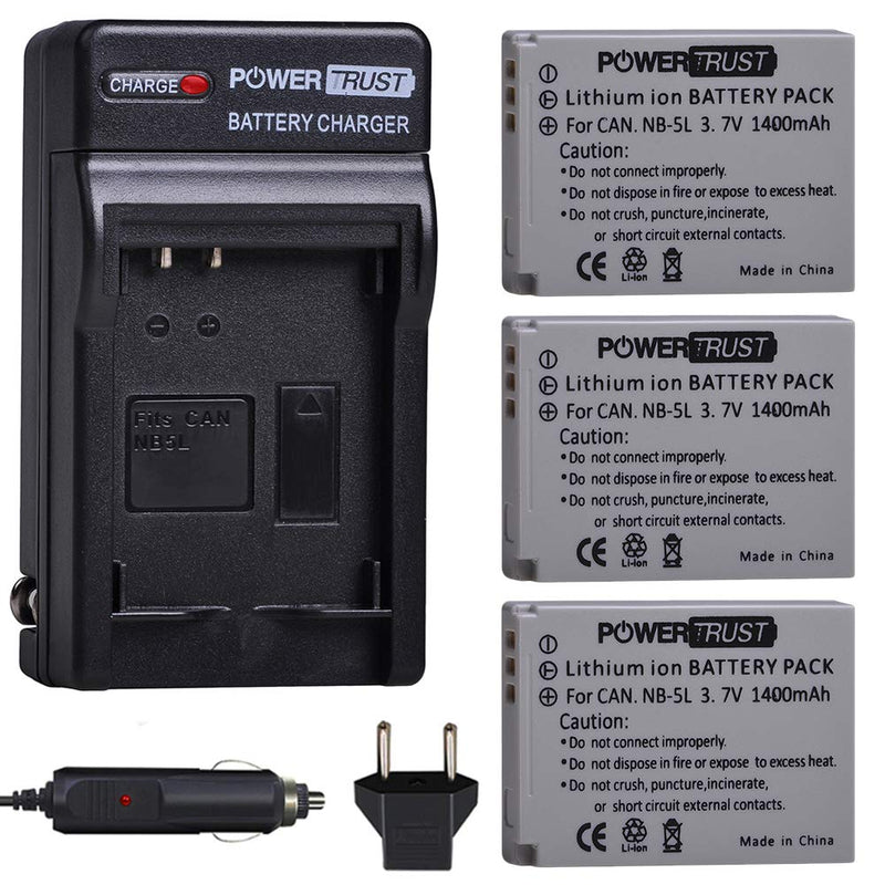PowerTrust NB-5L Battery (3-Pack) and Fast Charger for Canon PowerShot S100 S110 SD700 is SD790 is SD800 is SD850 is SD870 is SD880 is SD890 is SD900 is SD950 is SD970 is SD990 is SX200 is SX210 is
