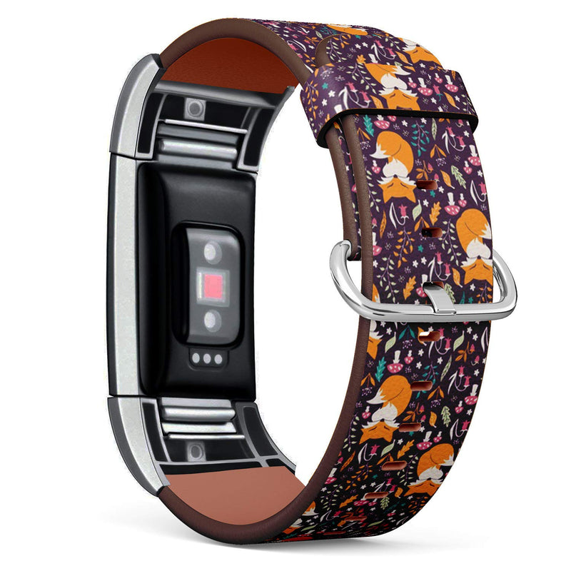 Compatible with Fitbit Charge 2 - Leather Watch Wrist Band Strap Bracelet with Stainless Steel Clasp and Adapters (Flowers Foxes Mushrooms)