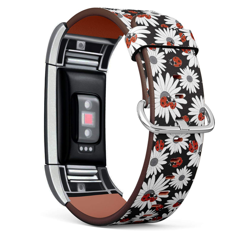 Compatible with Fitbit Charge 2 - Leather Watch Wrist Band Strap Bracelet with Stainless Steel Clasp and Adapters (Flowers Chamomile Ladybugs)