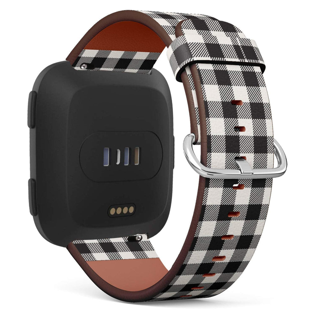 Compatible with Fitbit Versa/Versa 2 / Versa LITE - Leather Watch Wrist Band Strap Bracelet with Quick-Release Pins (White Black Lumberjack Plaid)