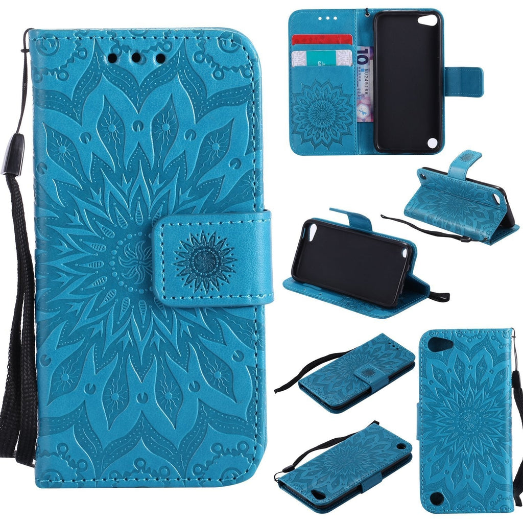 Cfrau Kickstand Wallet Case with Black Stylus for iPod Touch 5,Retro Mandala Sunflower PU Leather Magnetic Flip Folio Stand Soft Silicone Card Slots Case with Wrist Strap - Blue