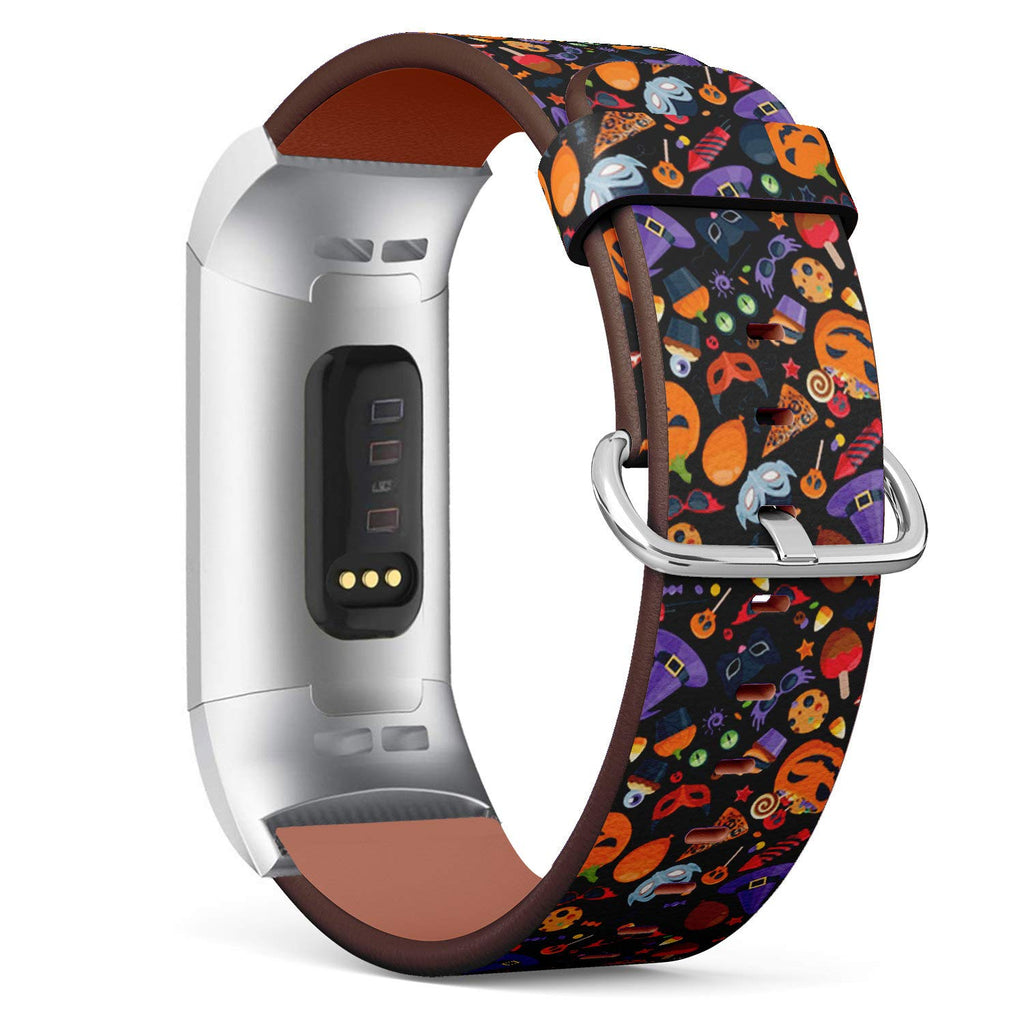 Compatible with Fitbit Charge 4 / Charge 3 / Charge 3 SE - Leather Watch Wrist Band Strap Bracelet with Stainless Steel Adapters (Halloween Party Colorful)
