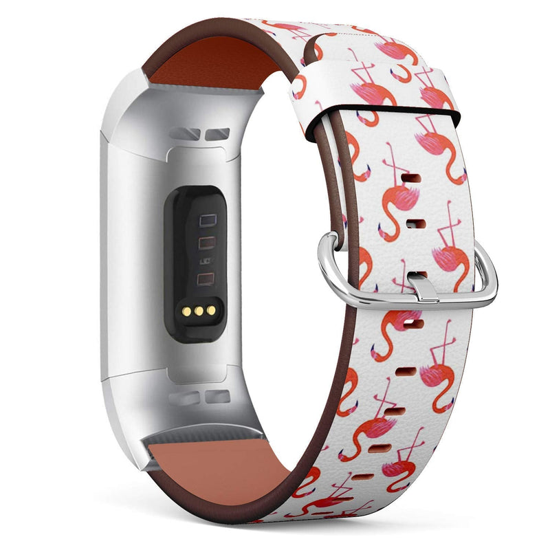 Compatible with Fitbit Charge 3 & 3 SE - Leather Wristband Bracelet Replacement Accessory Band (Includes Adapters) - Lovely Pink Flamingo Flat