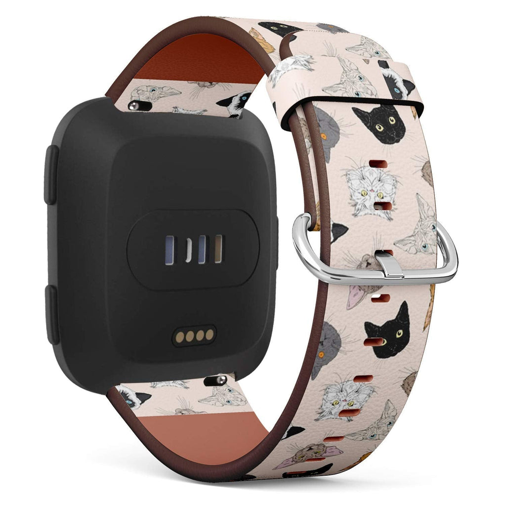 Compatible with Fitbit Versa/Versa 2 / Versa LITE - Leather Watch Wrist Band Strap Bracelet with Quick-Release Pins (Cats Faces)
