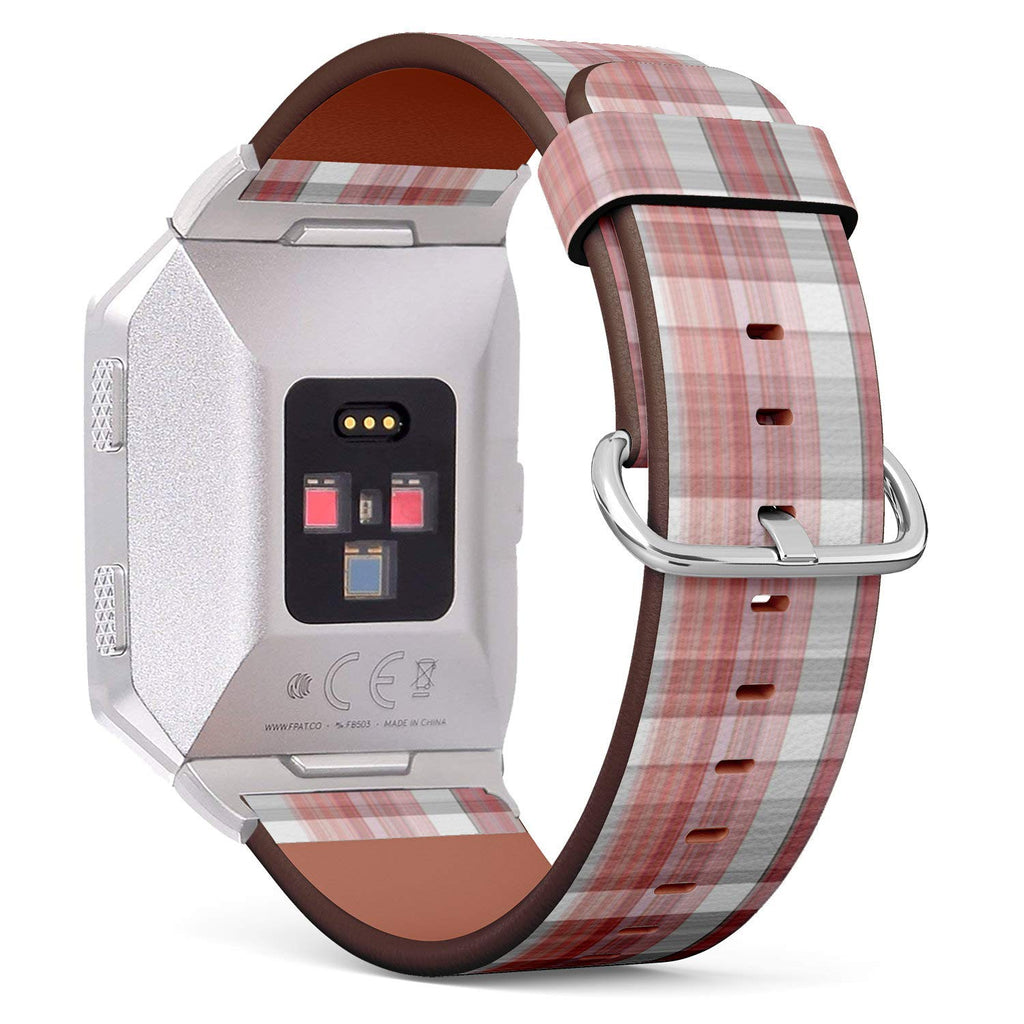 Compatible with Fitbit Ionic - Leather Watch Wrist Band Strap Bracelet with Stainless Steel Clasp and Adapters (Red Plaid)