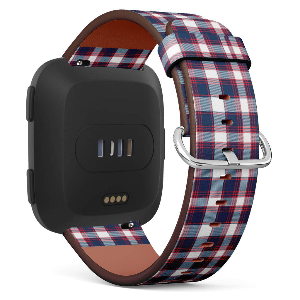 Compatible with Fitbit Versa/Versa 2 / Versa LITE - Leather Watch Wrist Band Strap Bracelet with Quick-Release Pins (Blue Red White Plaid)