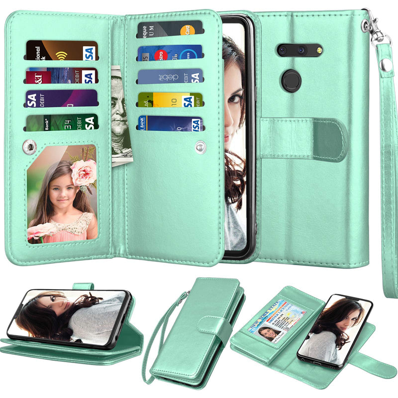 Njjex Compatible with LG G8 ThinQ Case/LG G8/ LG G8 ThinQ Wallet Case, [9 Card Slots] PU Leather ID Credit Holder Folio Flip Cover [Detachable][Kickstand] Magnetic Phone Case & Wrist Strap [Mint] Mint