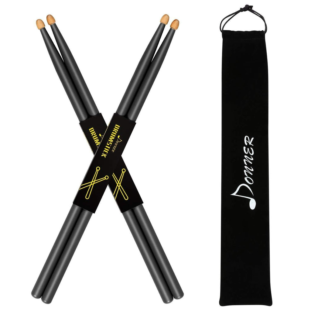 Donner Drum Sticks, 7A Snare Black Drumsticks Classic Maple Wood Drum Sticks with Carrying Bag, 2 Pairs