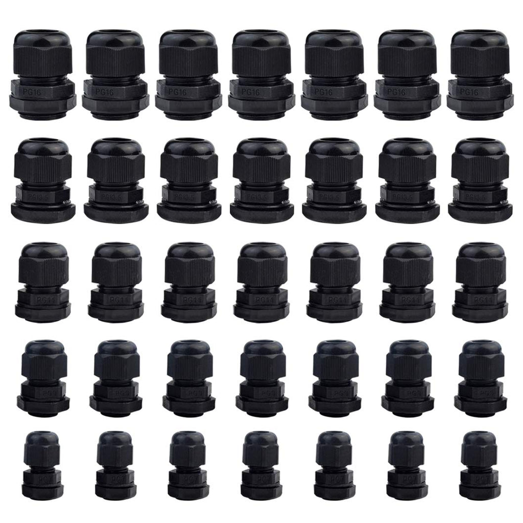 35 Packs Cable Glands, Cable Connectors Plastic Nylon Cable Gland Wire Protectors Cable Gland Joints Waterproof Adjustable PG7, PG9, PG11, PG13.5, PG16