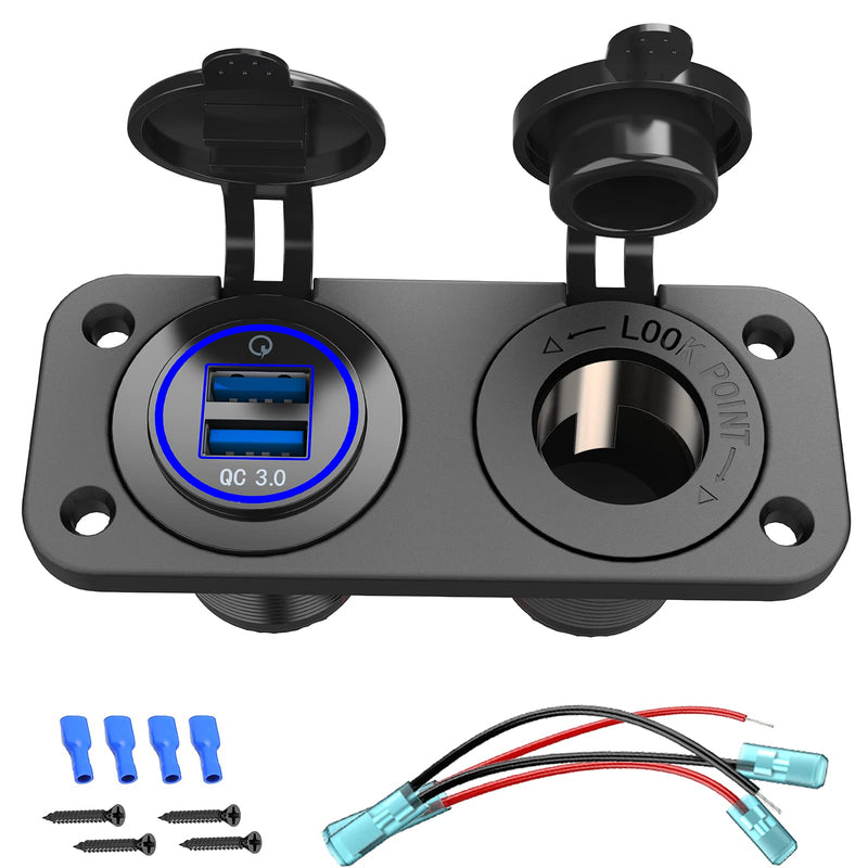 Quick Charge 3.0 Cigarette Lighter Outlet Splitter, 12V USB Charger Waterproof Power Socket Adapter DIY Kit with Blue LED Dual USB Ports for Rocker Switch Panel on Car Boat Marine RV, etc
