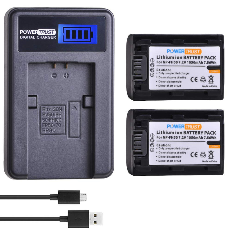 PowerTrust (2-Pack) NP-FH50 FH50 Battery + LCD USB Charger for Sony NP-FH40 NP-FH30 NP-FP50 NP-FP51 and Sony A230 A290 A330 A380 A390 DSC-HX1 HX100 HX200 HDR-TG1E TG3 TG5 TG7 Camera