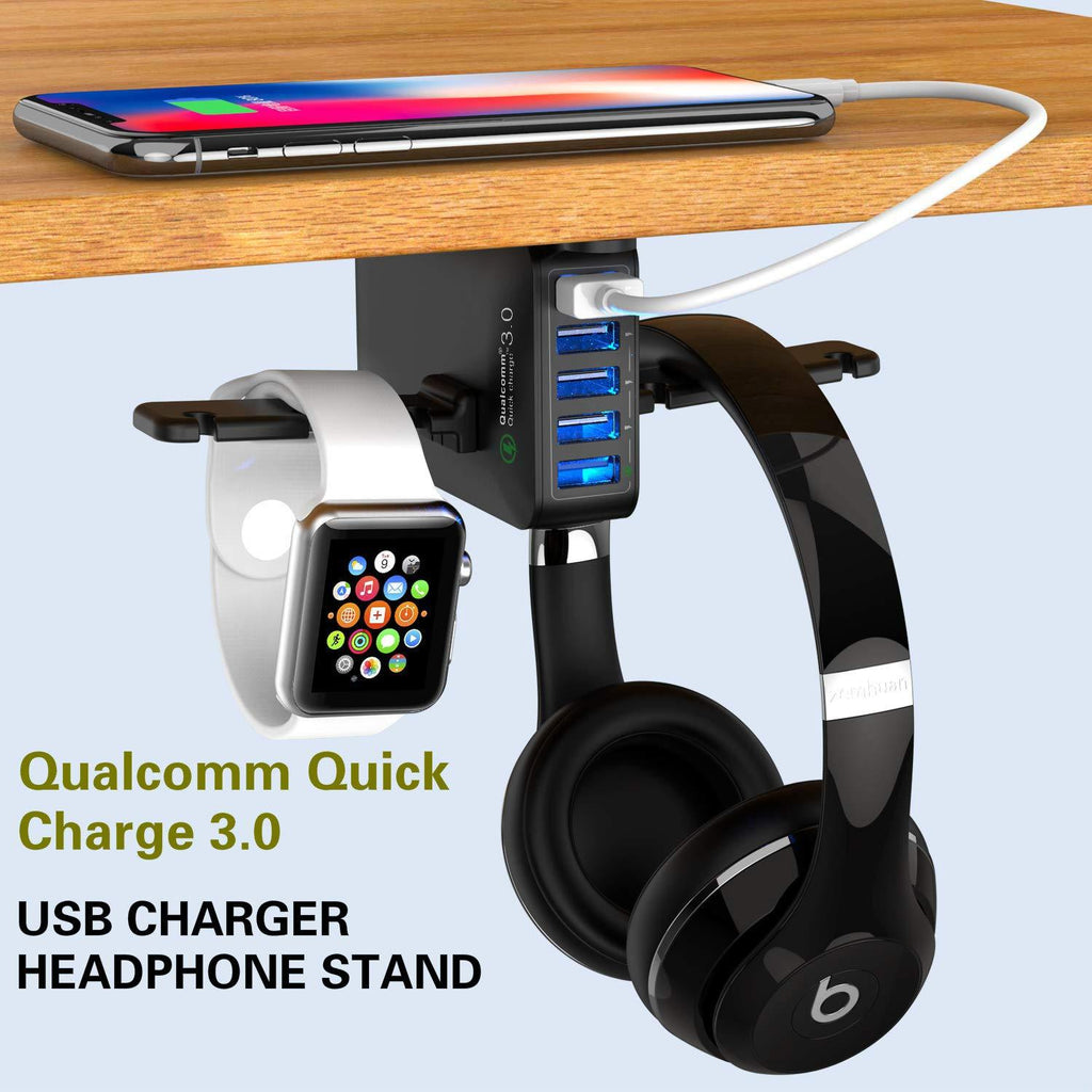 Yostyle Headphone Stand with USB Charger,Under Desk 5 USB Port QC3.0 Quick Charging Station & Headset Hanger and Mount with Cable Organizer,USB-A and QC 3.0 | Gaming, Computer, and PC Accessory