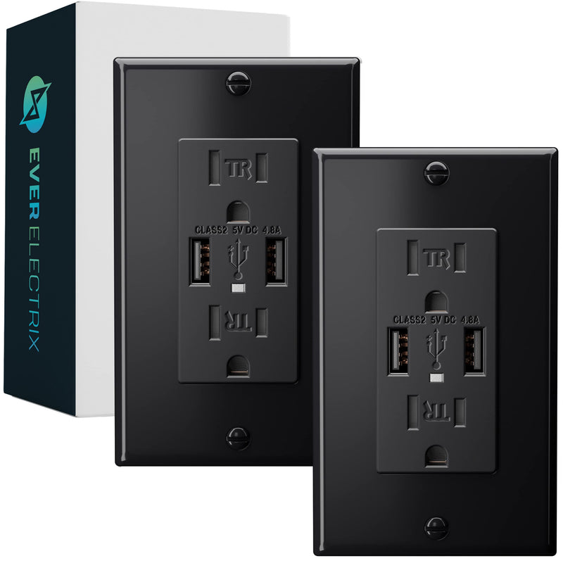 EverElectrix 2-Pack 4.8A Black Wall Outlet with USB Ports 15Amp Duplex USB Wall Outlets Tamper Resistant USB Outlet Charger, UL Listed, Electrical Outlet with Dual USB Ports, Black USB Receptacles