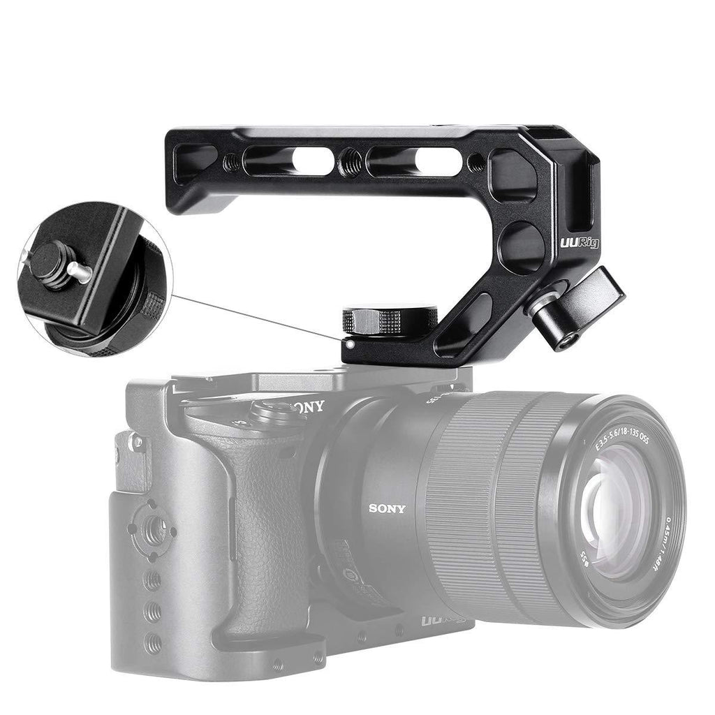 UURig R008 Camera/DSLR Top Handle ARRI Hole Connection Grip for Sony A6400 6300 Camera Cage Low Angle Shots 4 Cold Shoe Mount Microphone 15MM NATO Rail Rod Clamp Tube Hole, Video Film Making Accessory