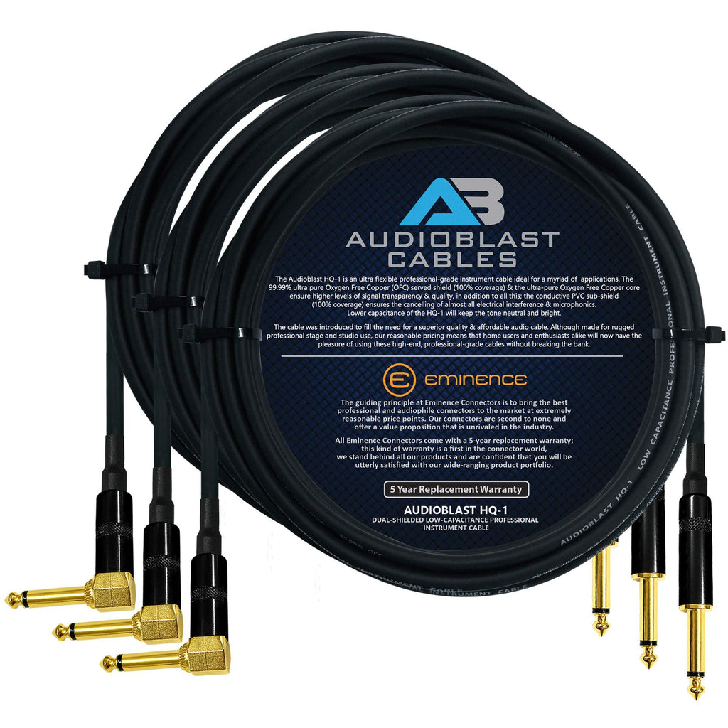 [AUSTRALIA] - Audioblast - 3 Units - 8 Foot - HQ-1 - Ultra Flexible - Dual Shielded (100%) - Guitar Instrument Effects Pedal Patch Cable w/Eminence Straight & Angled Gold ¼ inch (6.35mm) TS Plugs & Double Boots 