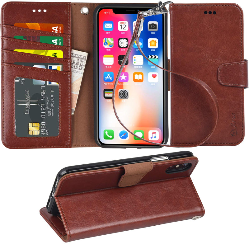 Arae Wallet Case for iPhone Xs Max PU Leather flip case Cover [Stand Feature] with Wrist Strap and [4-Slots] ID&Credit Cards Pocket for iPhone Xs Max 6.5 inch (Brown) Brown