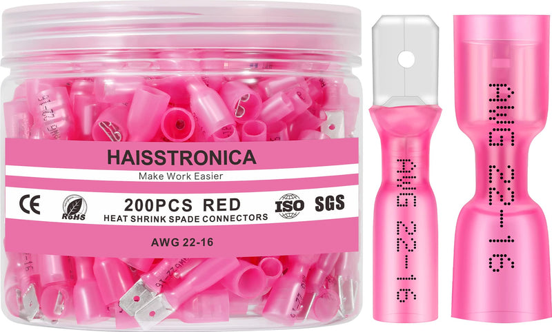 haisstronica 200PCS Red Heat Shrink Spade Connectors,AWG 22-16 Heat Shrink Spade Terminlas Kit,Male and Female Electrical Quick Disconnect Wire Connectors AWG 22-16 Red Male&Female 200PCS