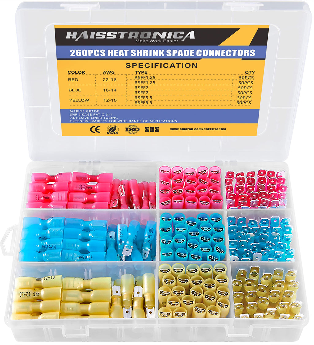 haisstronica 260PCS Heat Shrink Spade Connectors-Electrical Spade Wire Connectors-Quick Disconnect Connectors -Female and Male Spade terminlas for Watercraft,Electronics,Automotive Crimp Connectors 260pcs Female&Male