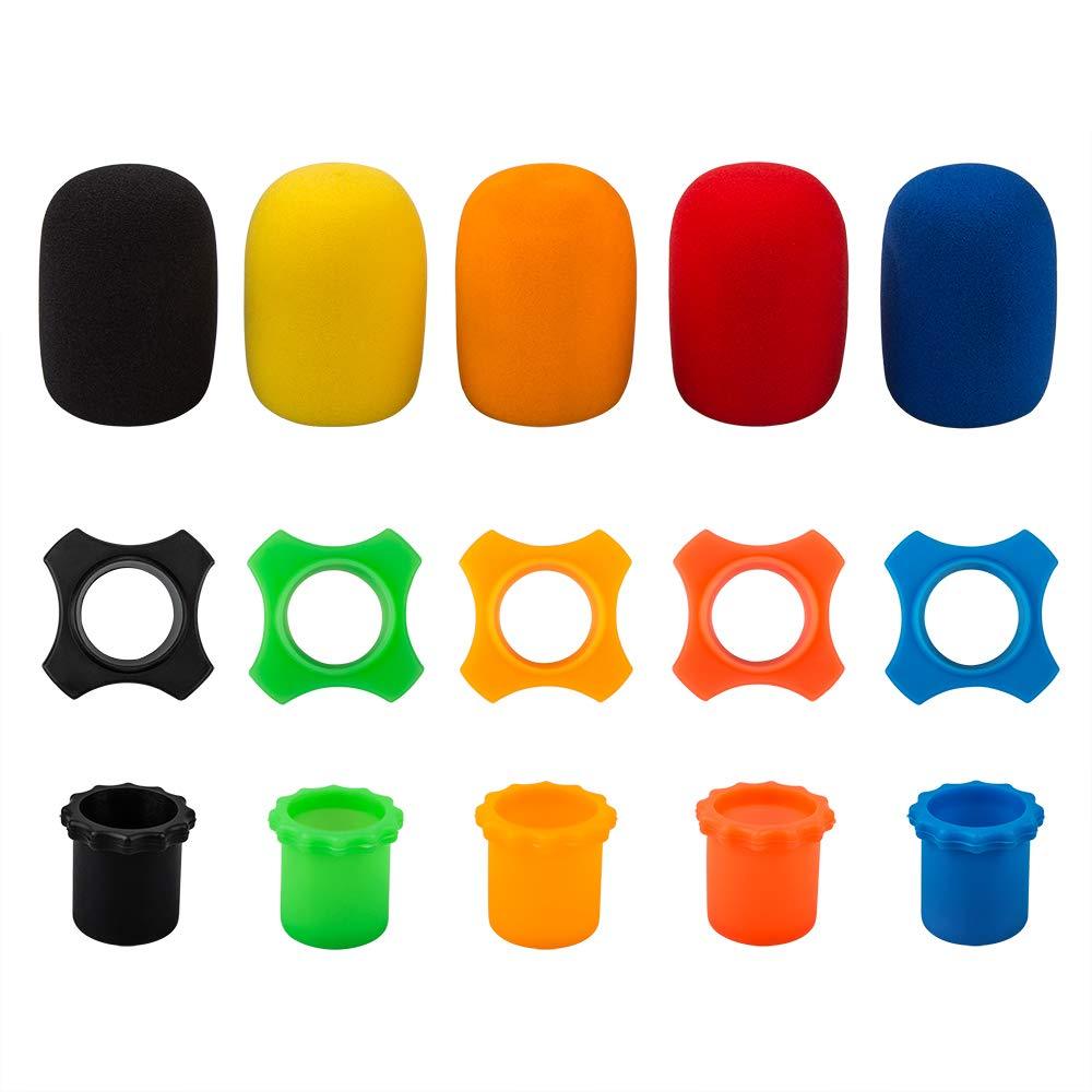 [AUSTRALIA] - findTop Shakeproof Anti-Rolling Wireless Handheld Microphone Protection Silicone Ring (5 PCS), Bottom Rod Sleeve Holder (5 PCS), Windscreen Foam Cover (5 PCS) for KTV Device, Assorted Colors 