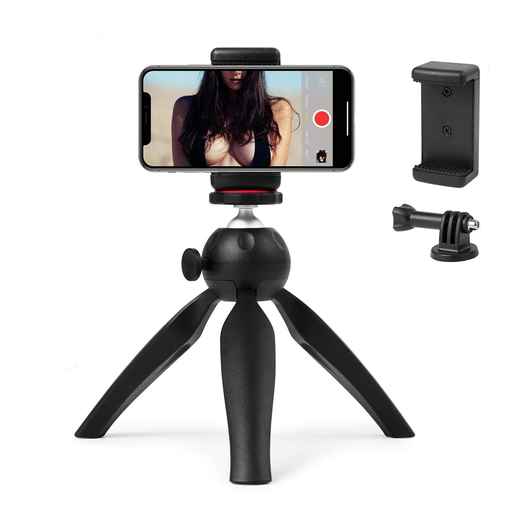 Polarduck Mini Tripod, Mini Phone Tripod Stand, Mini Tripod for iPhone/Compact DLSR/Samsung/Android Cellphone/Webcam/Projector with Universal Phone Mount & GoPro Mount, Fully Adjustable Angle Rotation