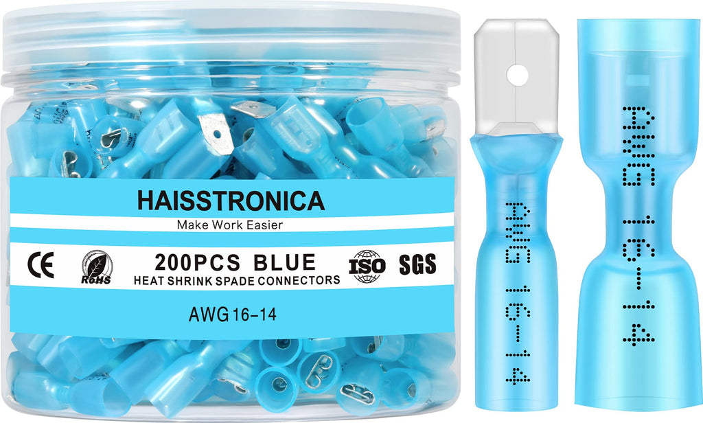 haisstronica 200PCS Blue Heat Shrink Spade Connectors,AWG 16-14 Heat Shrink Spade Terminlas Kit,Male and Female Electrical Quick Disconnect Wire Connectors AWG 16-14 Blue Male&Female 200PCS