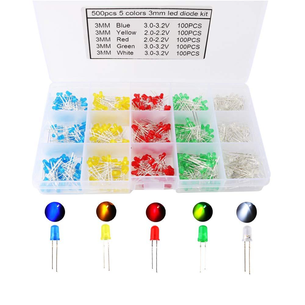 CESFONJER 500 x Pcs 3mm Light Emitting Diode, Diffused 2pin Round Color White/Red/Yellow/Green/Blue Kit Box (5 Colors x 100pcs)