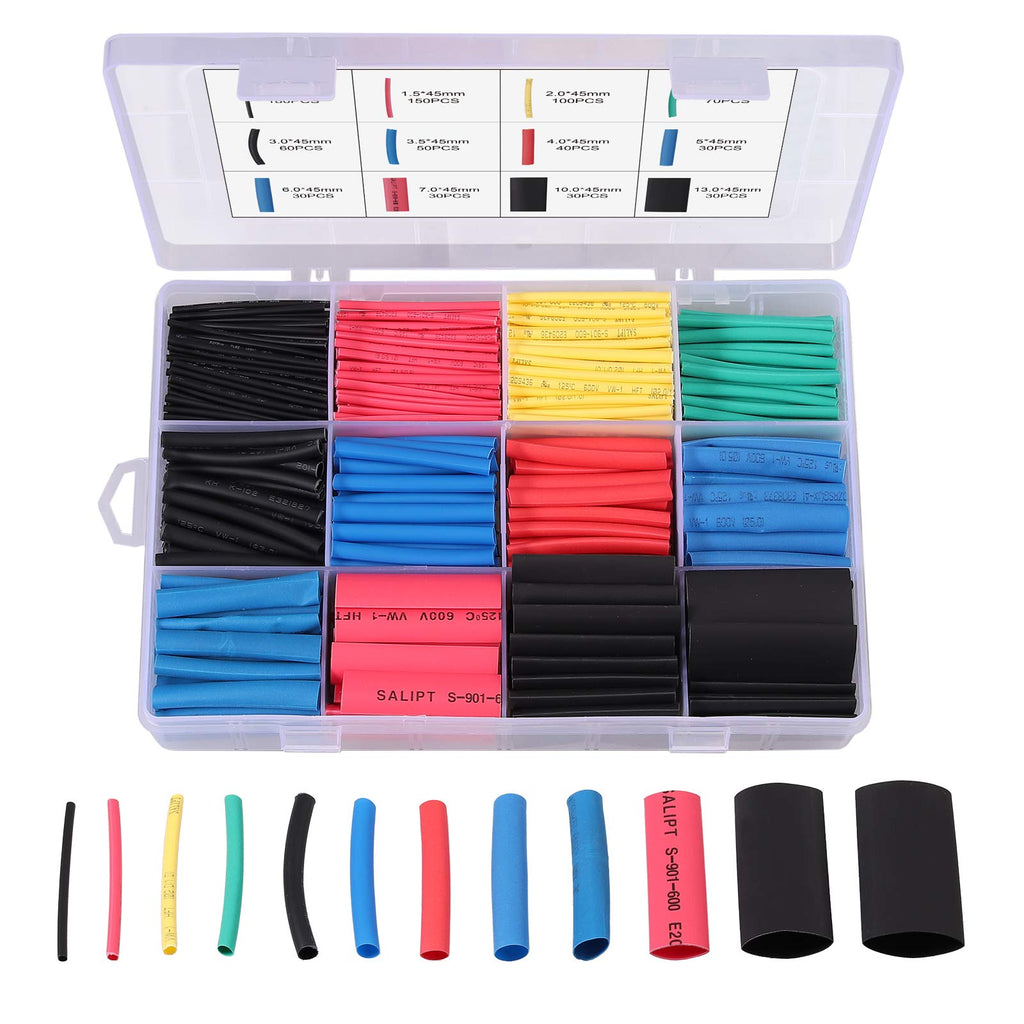 CAMWAY Heat Shrink Tubing 800PCS 2:1 Electrical Wire Cable Wrap Assortment Electric Insulation Heat Shrink Tube Kit with Storage Case(5 colors/12 Sizes) A