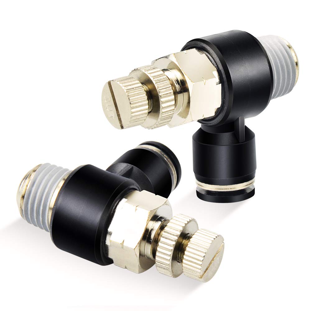TAILONZ PNEUMATIC 3 Pack SL-3/8-N2 Push to Connect Air Line Fitting Air Flow Control Valve 3/8 Inch od 1/4 Inch Npt Elbow 90 Degree Air Speed Control Valve Fitting Push Lock 3/8"OD1/4"NPT
