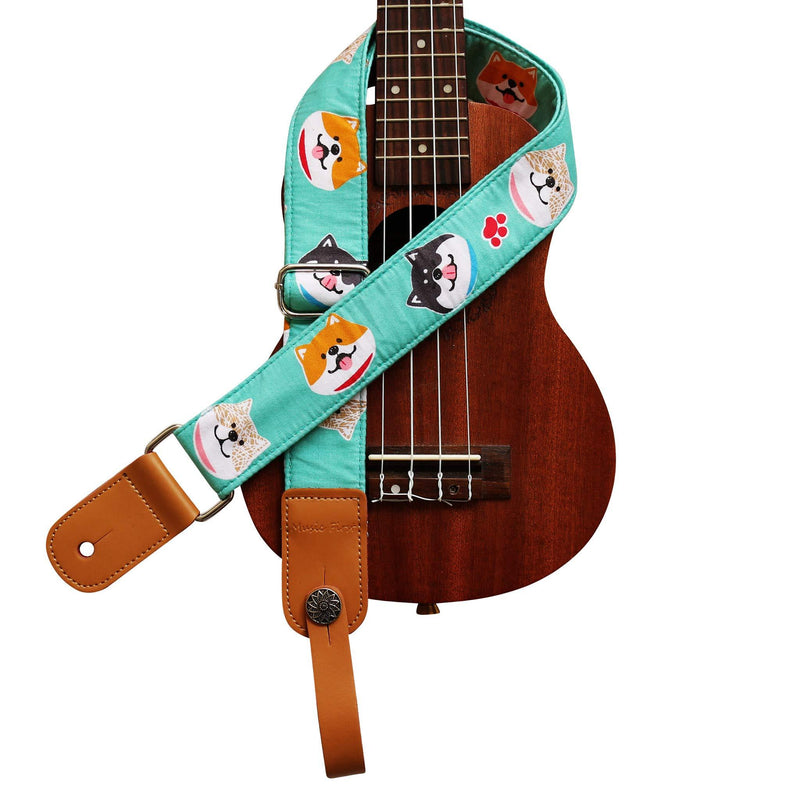 MUSIC FIRST Original Design Turquoise/Mint “Mint Shiba Inu Dog” Soft Cotton & Genuine Leather Ukulele Strap Ukulele Shoulder Strap With a MUSIC FIRST Genuine Leather Strap Locker