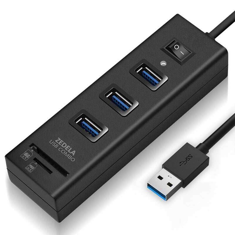 USB 3.0 Hub, Zedela USB Hub 3.0 with SD Card Reader (3 USB 3.0 Port Adapter + SD/TF/Micro SD Card Reader), 5Gbps SD to USB Adapter for Computer(Windows,iMac,MacBook Pro/Air), IdeaPad-with Power Switc Black